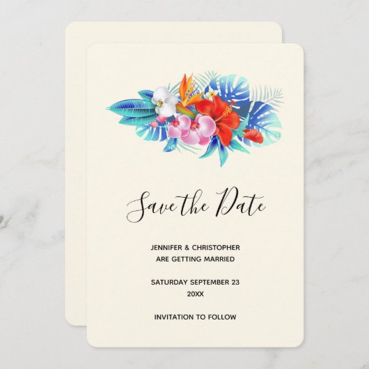 Save The Date Fleurs tropicales exotiques - Rose & Aqua (Devant / Derrière)