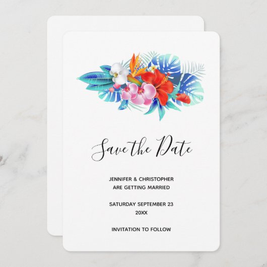 Save The Date Fleurs tropicales exotiques - Rose & Aqua (Devant / Derrière)