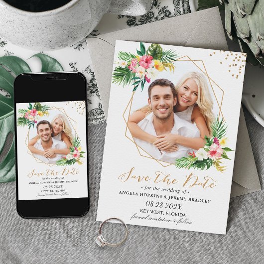 Save The Date Fleurs tropicales Gold Photo géométrique