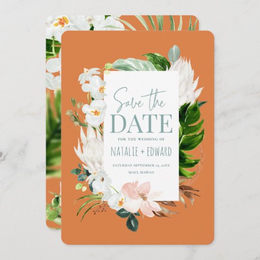 Save The Date Fleurs tropicales rose, sarcelle et orchidée (Devant / Derrière)