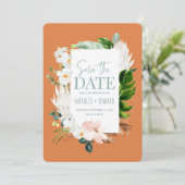 Save The Date Fleurs tropicales rose, sarcelle et orchidée (Debout devant)