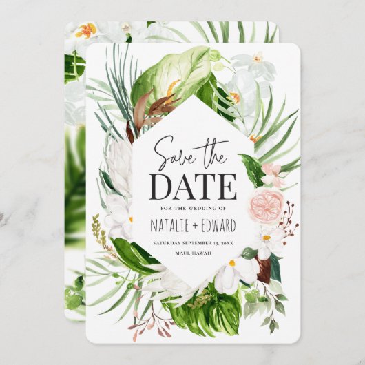 Save The Date Fleurs tropicales rose, sarcelle et orchidée (Devant / Derrière)