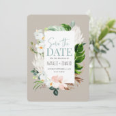 Save The Date Fleurs tropicales rose, sarcelle et orchidée (Debout devant)