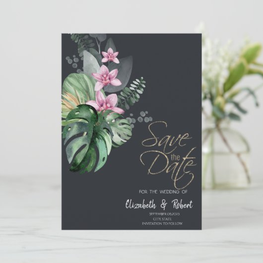 Save The Date Fleurs Tropicales Sombres Enregistrer La Date (Debout devant)