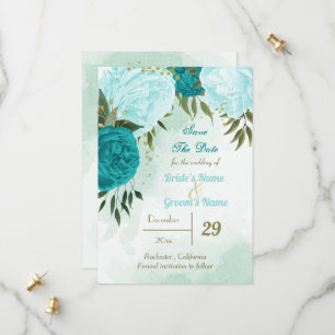 Save The Date fleurs turquoise vert feuille