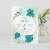 Save The Date fleurs turquoise vert feuille (Debout devant)