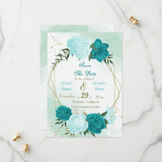 Save The Date fleurs turquoise vert feuille (Devant/Arrière en situation)
