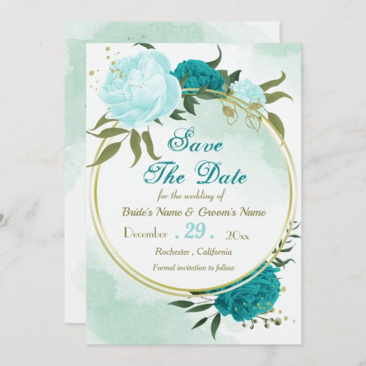 Save The Date fleurs turquoise vert feuille (Devant / Derrière)