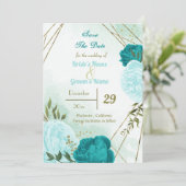 Save The Date fleurs turquoise vert feuille (Debout devant)