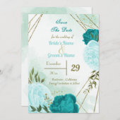Save The Date fleurs turquoise vert feuille (Devant / Derrière)