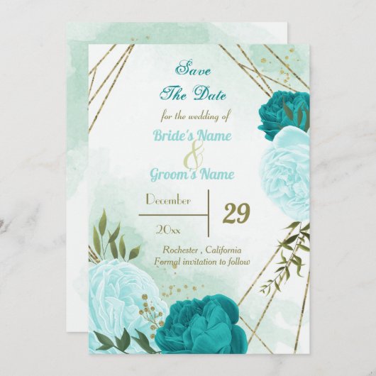 Save The Date fleurs turquoise vert feuille (Devant / Derrière)