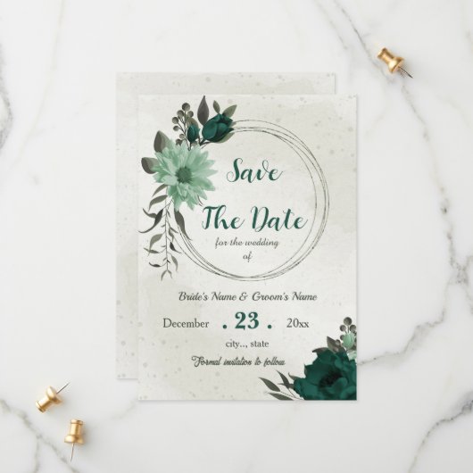 Save The Date fleurs vert émeraude botanique (Devant/Arrière en situation)