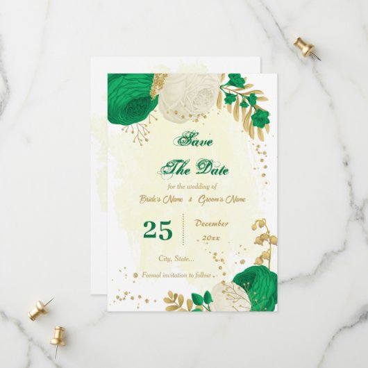 Save The Date fleurs vertes et blanches or botanique (Devant/Arrière en situation)