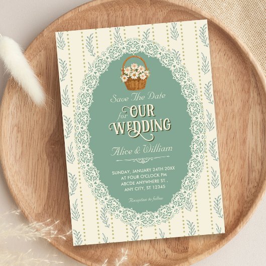 Save The Date Fleurs vintage vert crème