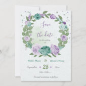 Save The Date fleurs violettes bleu vert couronne (Devant)