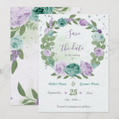 Save The Date fleurs violettes bleu vert couronne (Devant / Derrière)