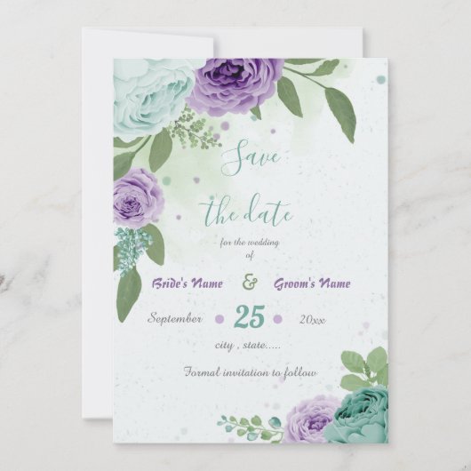 Save The Date fleurs violettes bleues verdure botanique (Devant)