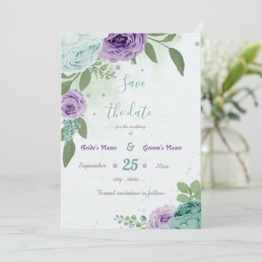 Save The Date fleurs violettes bleues verdure botanique (Debout devant)
