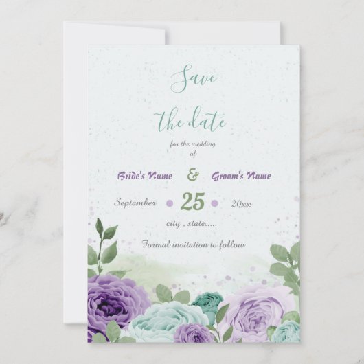 Save The Date fleurs violettes bleues verdure botanique (Devant)