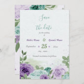 Save The Date fleurs violettes bleues verdure botanique (Devant / Derrière)