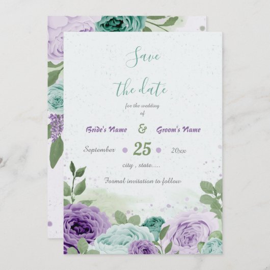 Save The Date fleurs violettes bleues verdure botanique (Devant / Derrière)