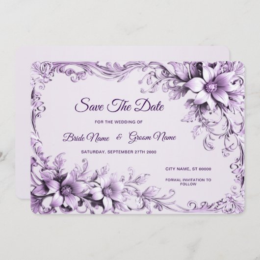 Save The Date Fleurs violettes Élégantes Enregistrer La Date (Devant / Derrière)
