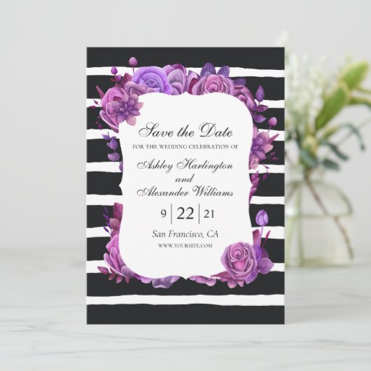 Save The Date Fleurs violettes et roses. Mariage à rayures noire (Debout devant)