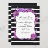 Save The Date Fleurs violettes et roses. Mariage à rayures noire (Devant / Derrière)
