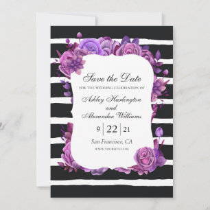 Save The Date Fleurs violettes et roses. Mariage rayé noir