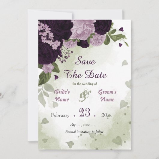 Save The Date fleurs violettes foncées et claires vert feuille b (Devant)