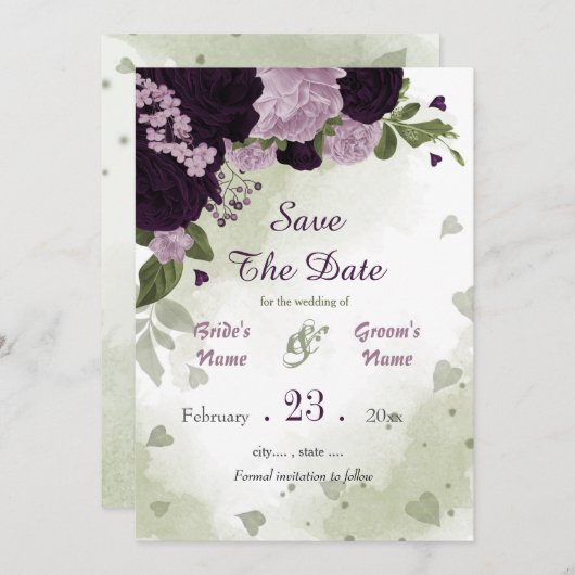 Save The Date fleurs violettes foncées et claires vert feuille b (Devant / Derrière)