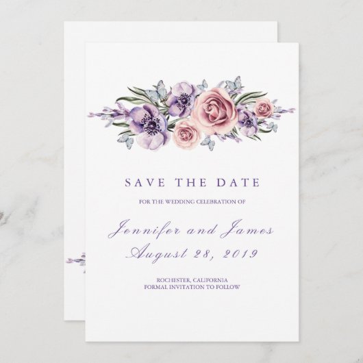 Save The Date Fleurs violettes romantique Enregistrer la date (Devant / Derrière)