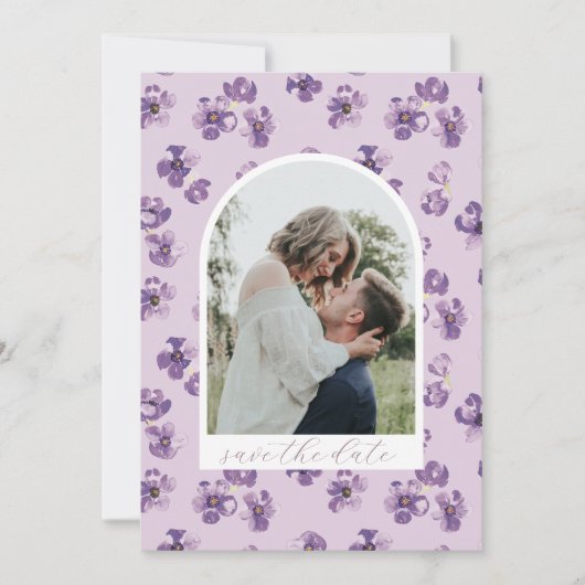 Save The Date Fleurs violettes Romantique Script Arch Photo (Devant)