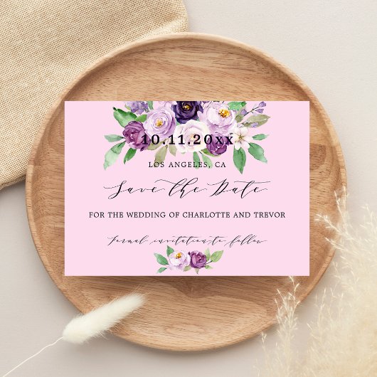 Save The Date fleurs violettes rose mariage