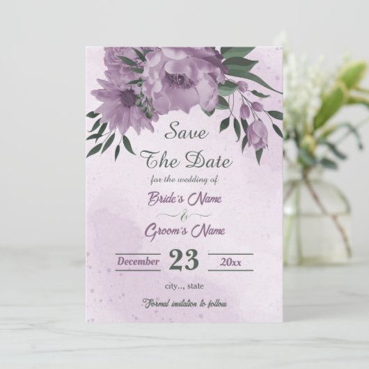 Save The Date fleurs violettes vert feuille botanique (Debout devant)