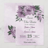 Save The Date fleurs violettes vert feuille botanique (Devant / Derrière)