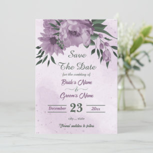Save The Date fleurs violettes vert feuille botanique
