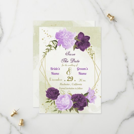 Save The Date fleurs violettes vert feuilles (Devant/Arrière en situation)
