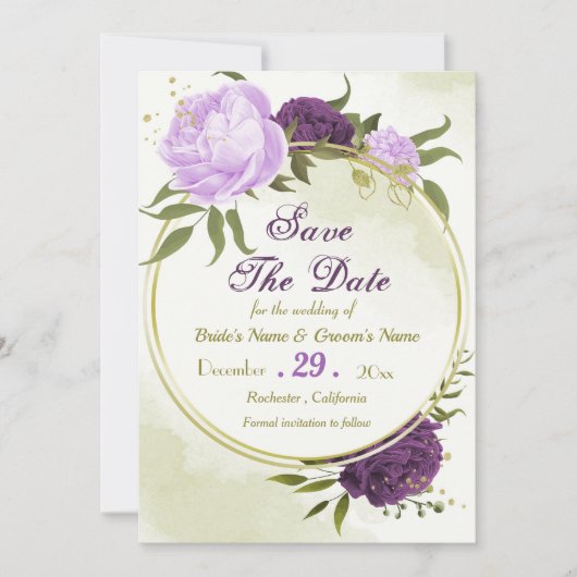 Save The Date fleurs violettes vert feuilles (Devant)