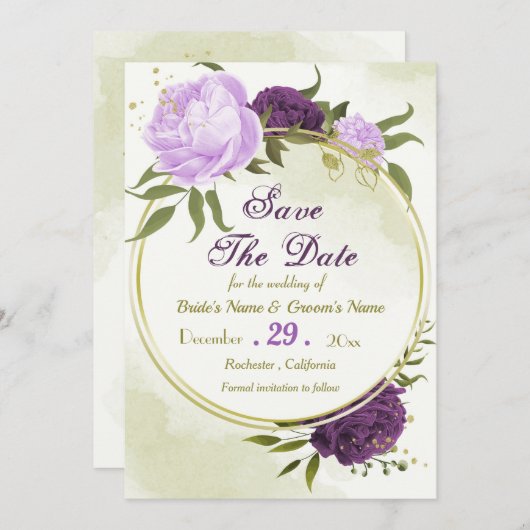 Save The Date fleurs violettes vert feuilles (Devant / Derrière)