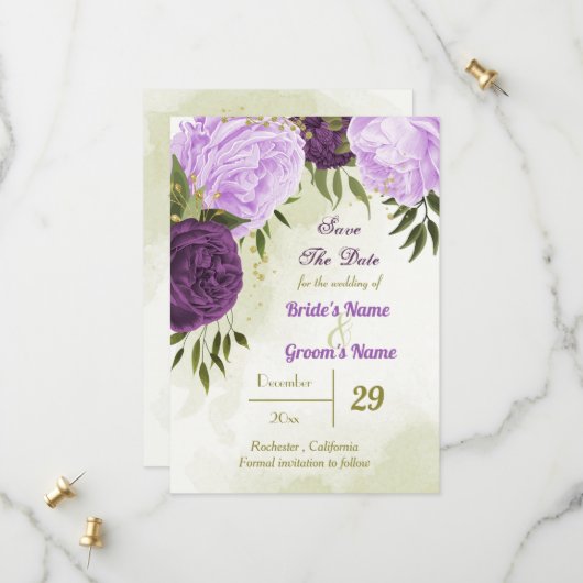 Save The Date fleurs violettes vert feuilles (Devant/Arrière en situation)