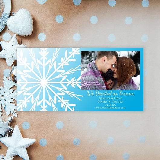 Save The Date Flocon de neige blanc sur le mariage d'hiver bleu 