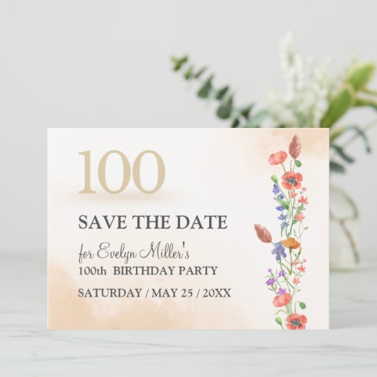 Save The Date Floral 100e anniversaire - Design élégant d'aquare (Debout devant)