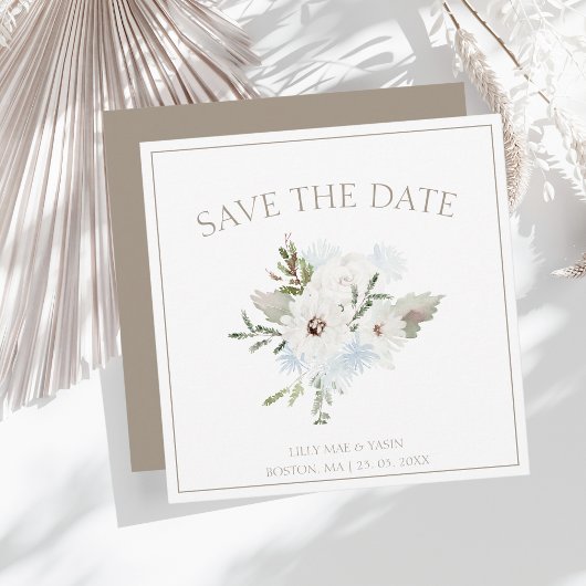 Save The Date Floral blanc d'hiver et Mariage de Noël Taupe