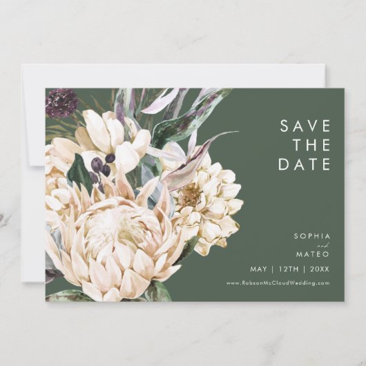 Save The Date Floral blanc | Vert foncé Horizontal Enregistrer L (Devant)