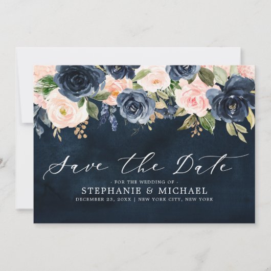 Save The Date Floral bleu bleu bleu rose bleu marine (Devant)