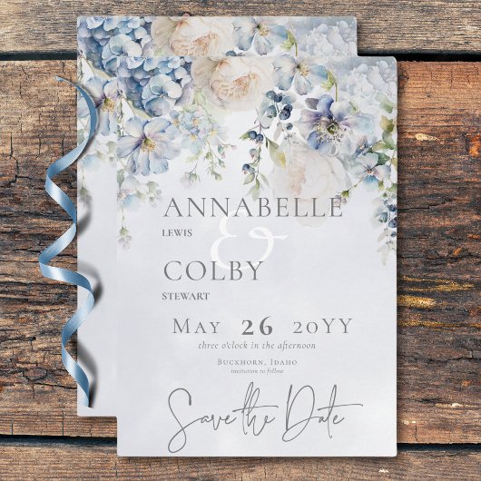 Save The Date Floral bleu et blanc Mariage moderne
