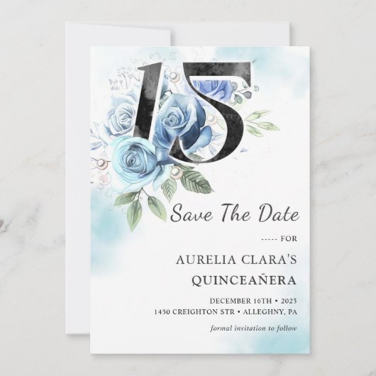 Save The Date Floral bleu rustique Quinceanera 15e anniversaire (Devant)