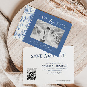 Save The Date Floral Bleu Toile Blanche De Jouy Photo