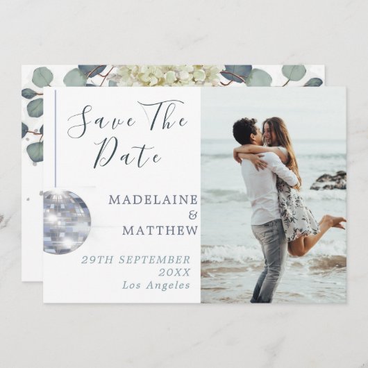 Save The Date Floral Blue Eucalyptus Disco Mariage élégant (Devant / Derrière)